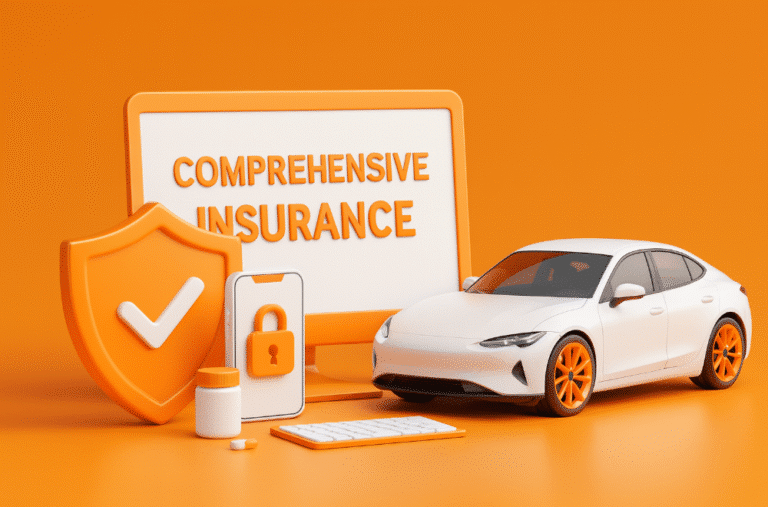 3D render of Comprehensive car insurance image with orange and white colors with orange background